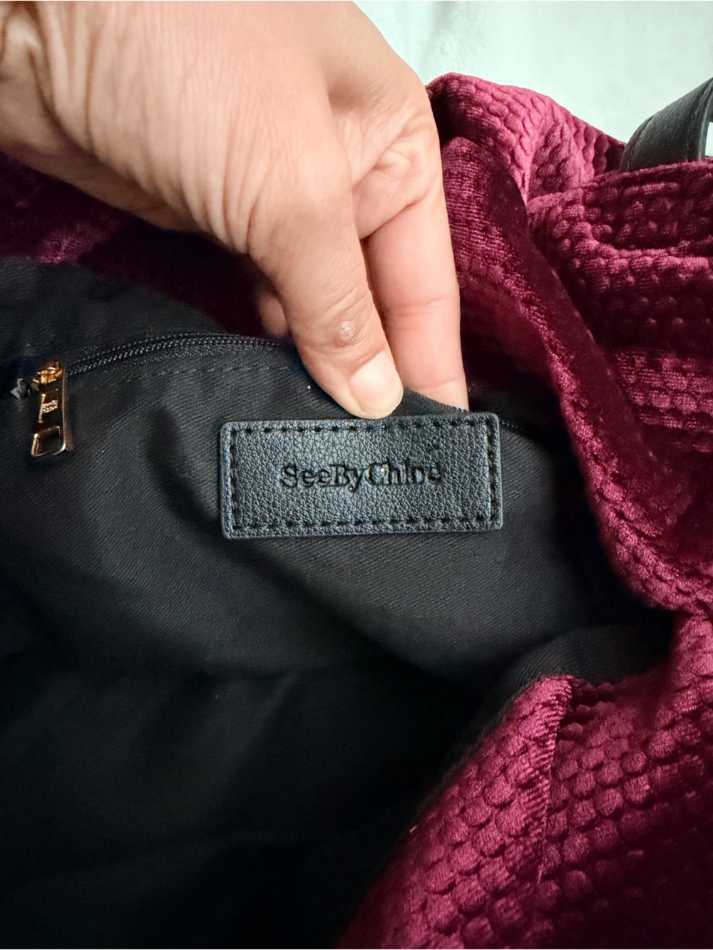 See By Chloe Burgundy Velvet Drawstring shoulder Bag - Picture 7 of 9